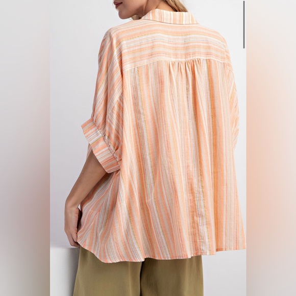 Easel Plus Size Striped Orange Button-Up Blouse with Pocket Oversized Fit. - Picture 4 of 7